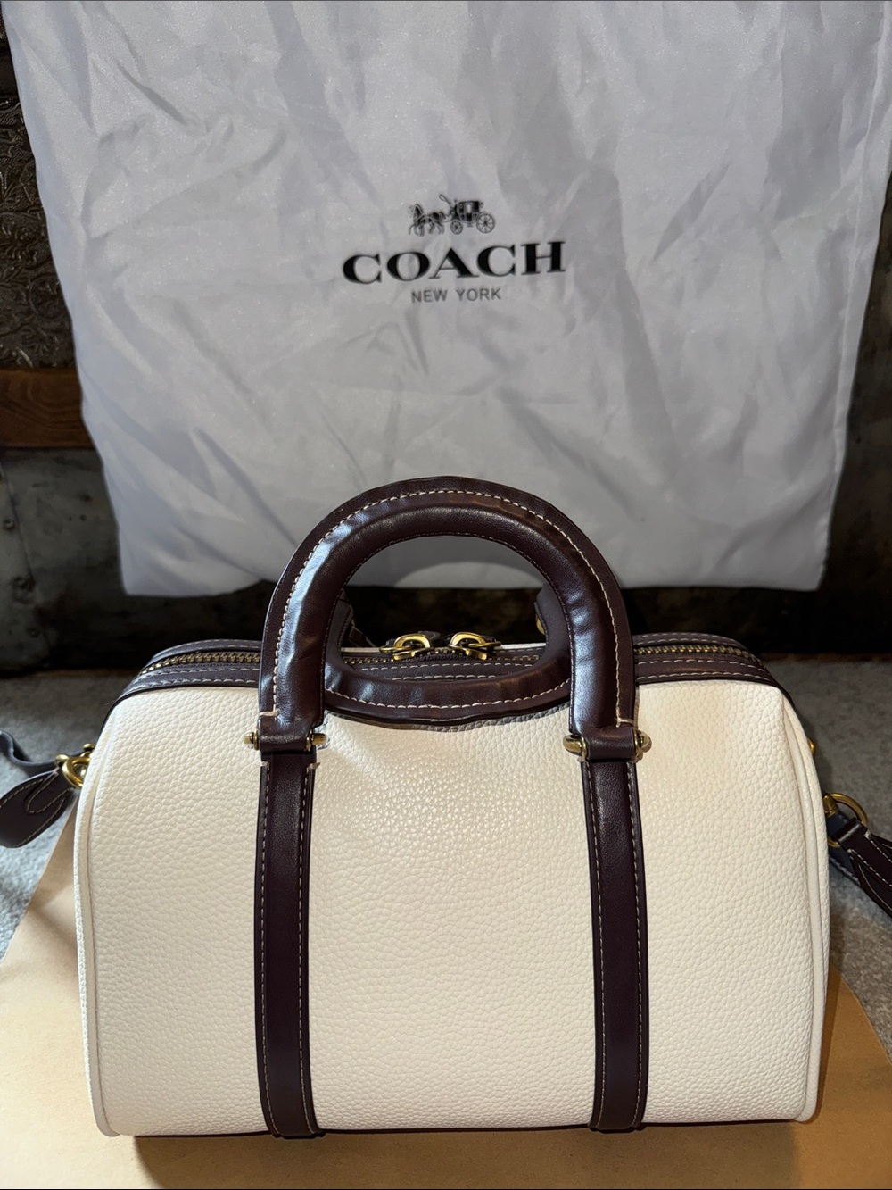 Coach Ruby Satchel 25 in Chalk with Dark Brown Trim and strap - Picture 2 of 15